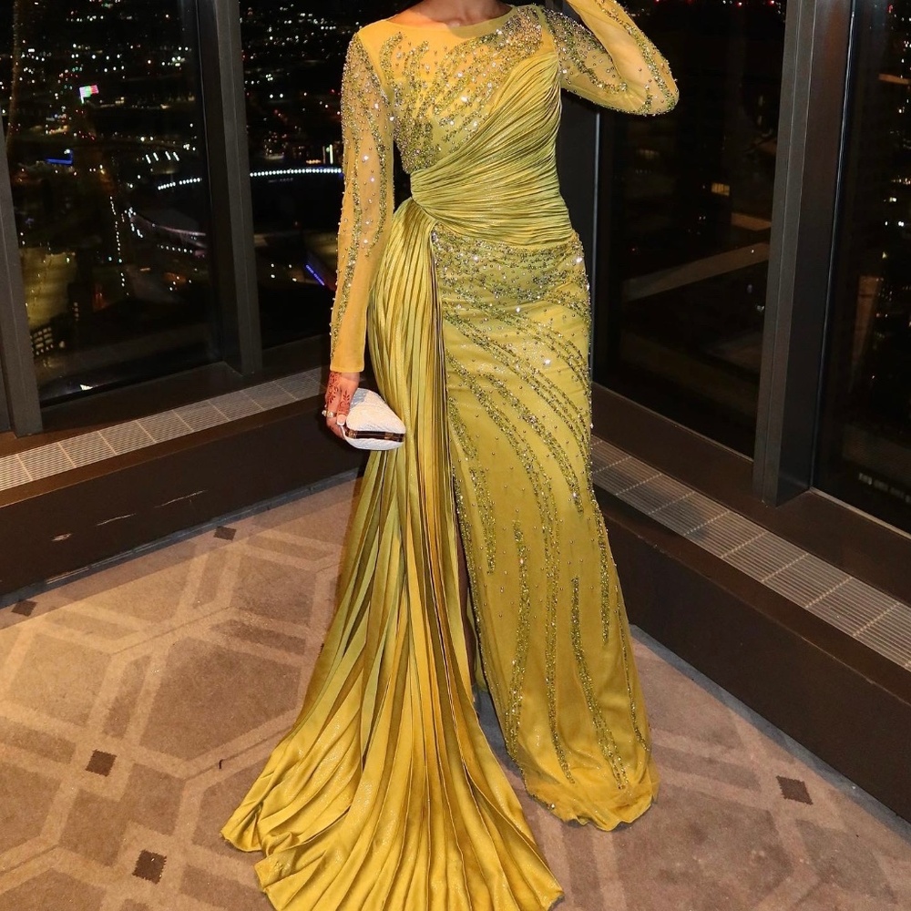Emerald green modest evening gown
